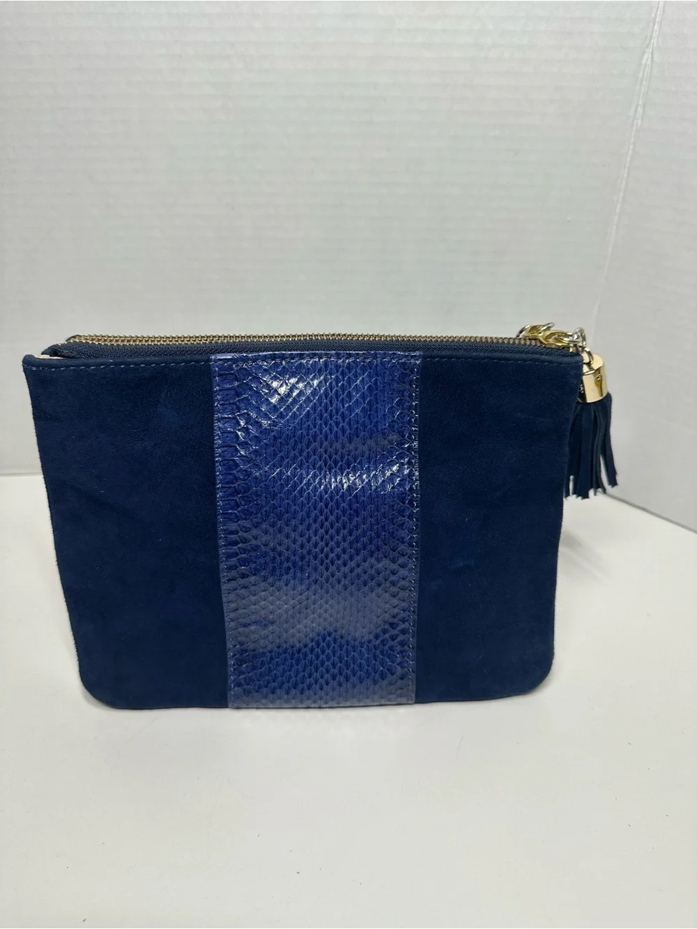 Ann Taylor Navy Suede Cosmetic Pouch with Snake-Embossed Panel